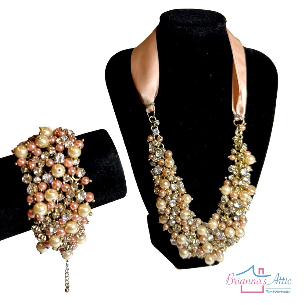 NIMA, crystal, pinkrose & white pearl mix necklace and bracelet, preowned 18" -